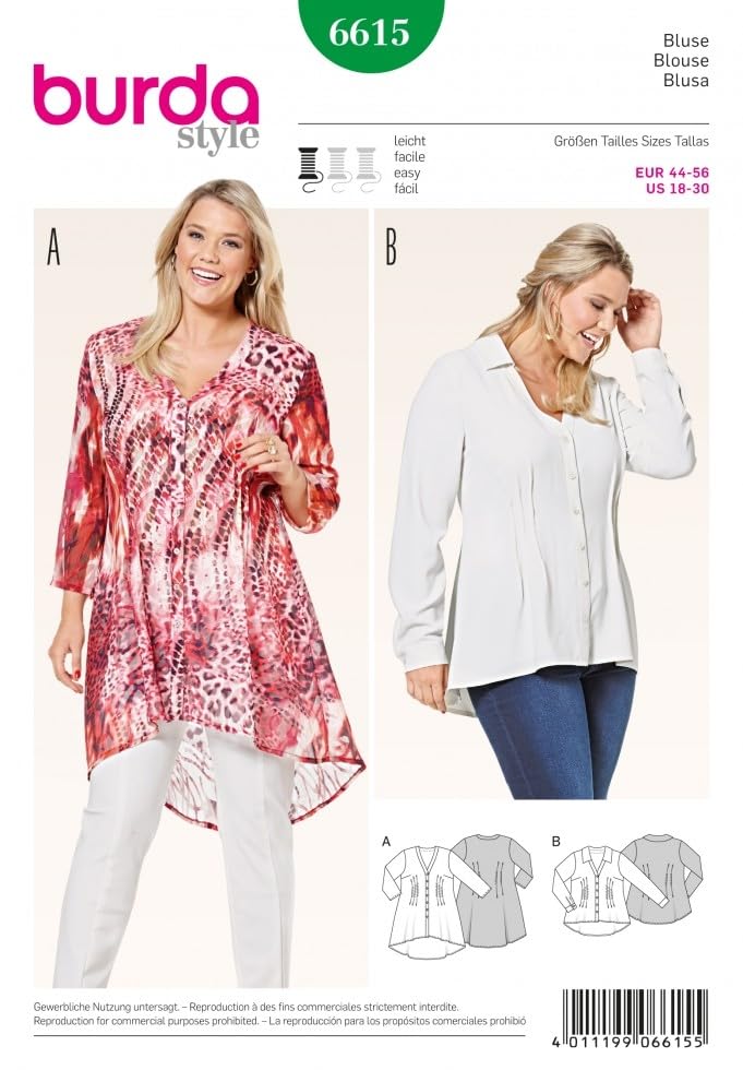 Burda Ladies Plus Size Easy Sewing Pattern 6615 Pin Tuck V Neck Blouses