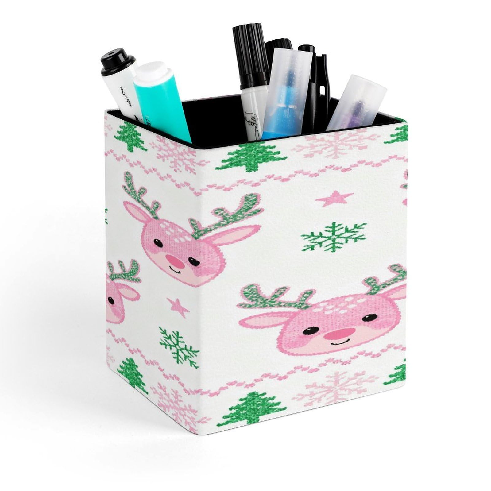 LZQPOEAS Pink Deer Square Pen Pencil Holder PU Leather Pencil Cup Desktop Stationery Organizer Office Accessories Container