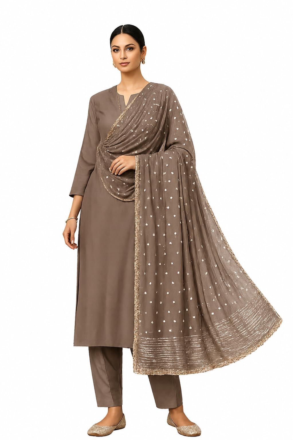 Women's Dupatta, Grey/Taupe, Cotton Chanderi Silk Blend, Gold Foil Work with Striped Aanchal and Gota Patti Lace Border, 2.25 Metres-image-27