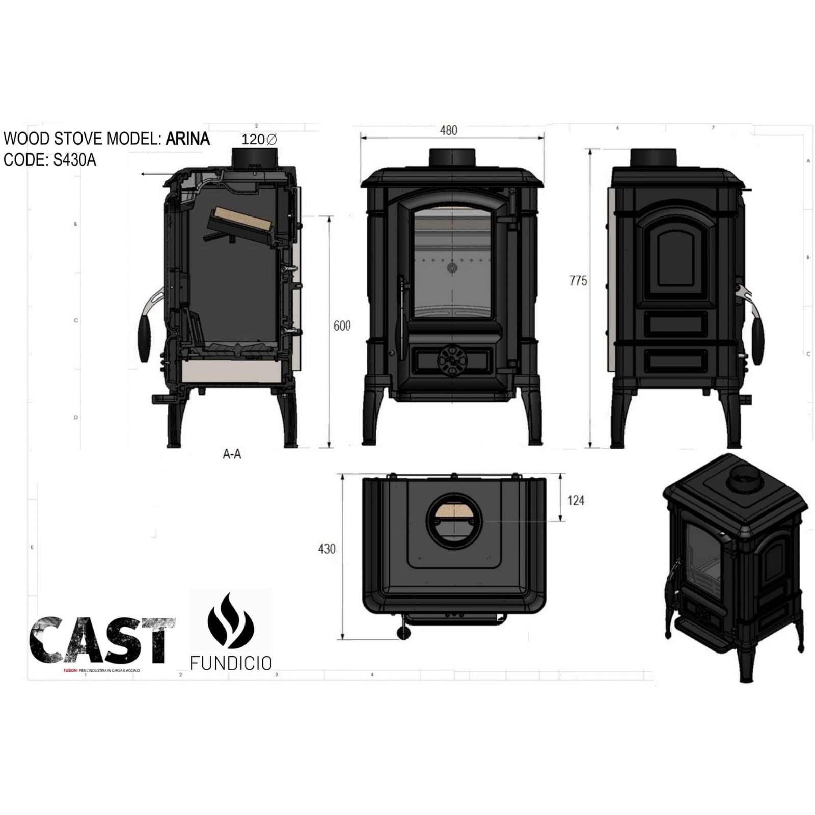 Stufa a legna in ghisa ARINA 6,5 kW | Tripla combustione, vetro KERAGLASS, Classe A+ 4 STELLE | consumo ridotto <2 kg/h, alto rendimento 80% 130 m³