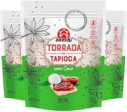 Torrada de Tapioca com Coco Sem Glúten, Vegano Okoshi contendo 3 pacotes de 75g cada