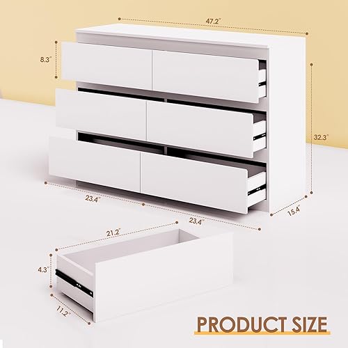 Miniatura 2 de Cómoda para dormitorio con 6 cajones anchos, cómoda de madera blanca, cómoda moderna para almacenamiento de ropa, organizador de almacenamiento 6