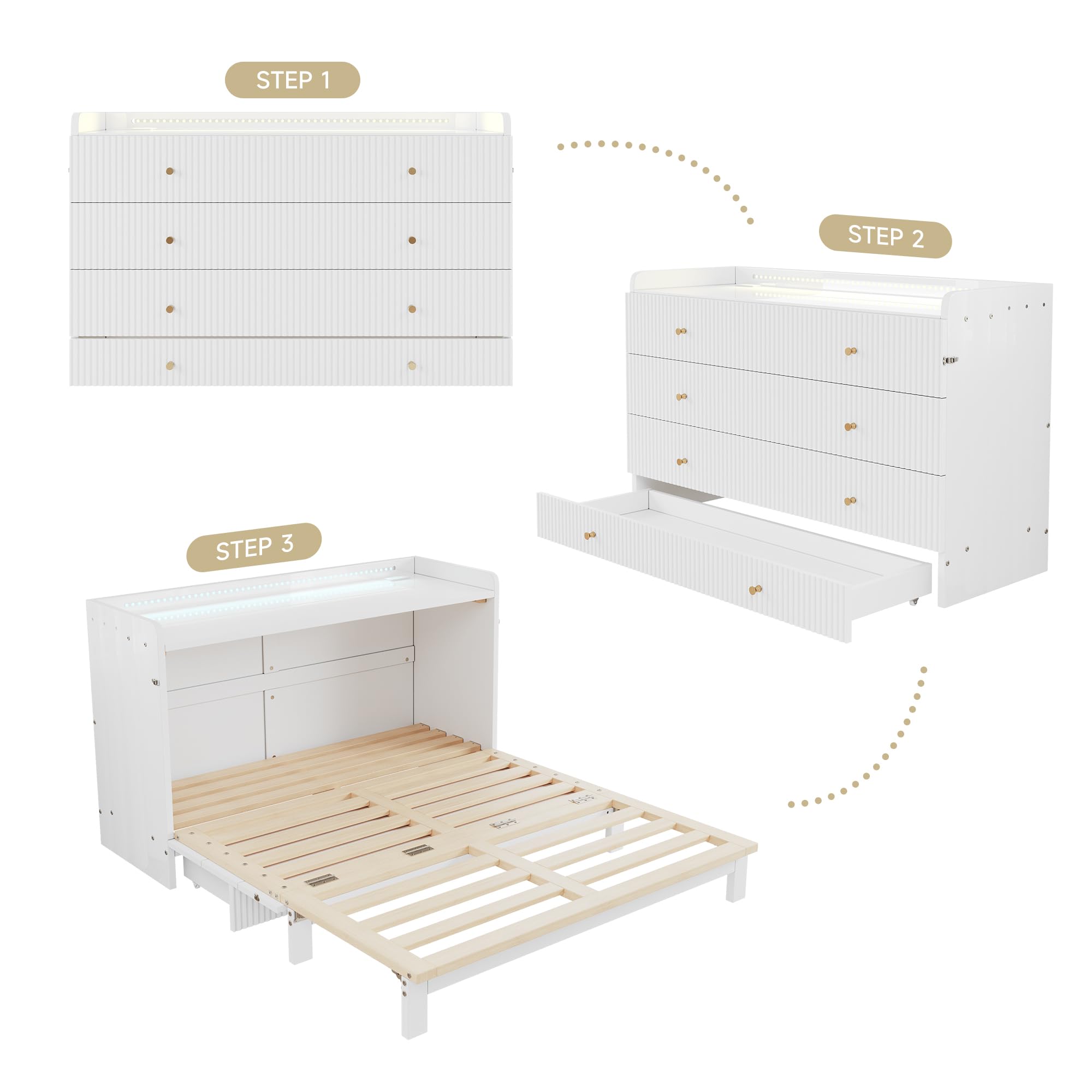 Armario cama, 140 x 200 cm, debajo de la cama se encuentran cajones, con USB y enchufe, barra de luz LED, con placa brillante, cama con plataforma transformable, sin colchón, blanco (140 x 200 cm
