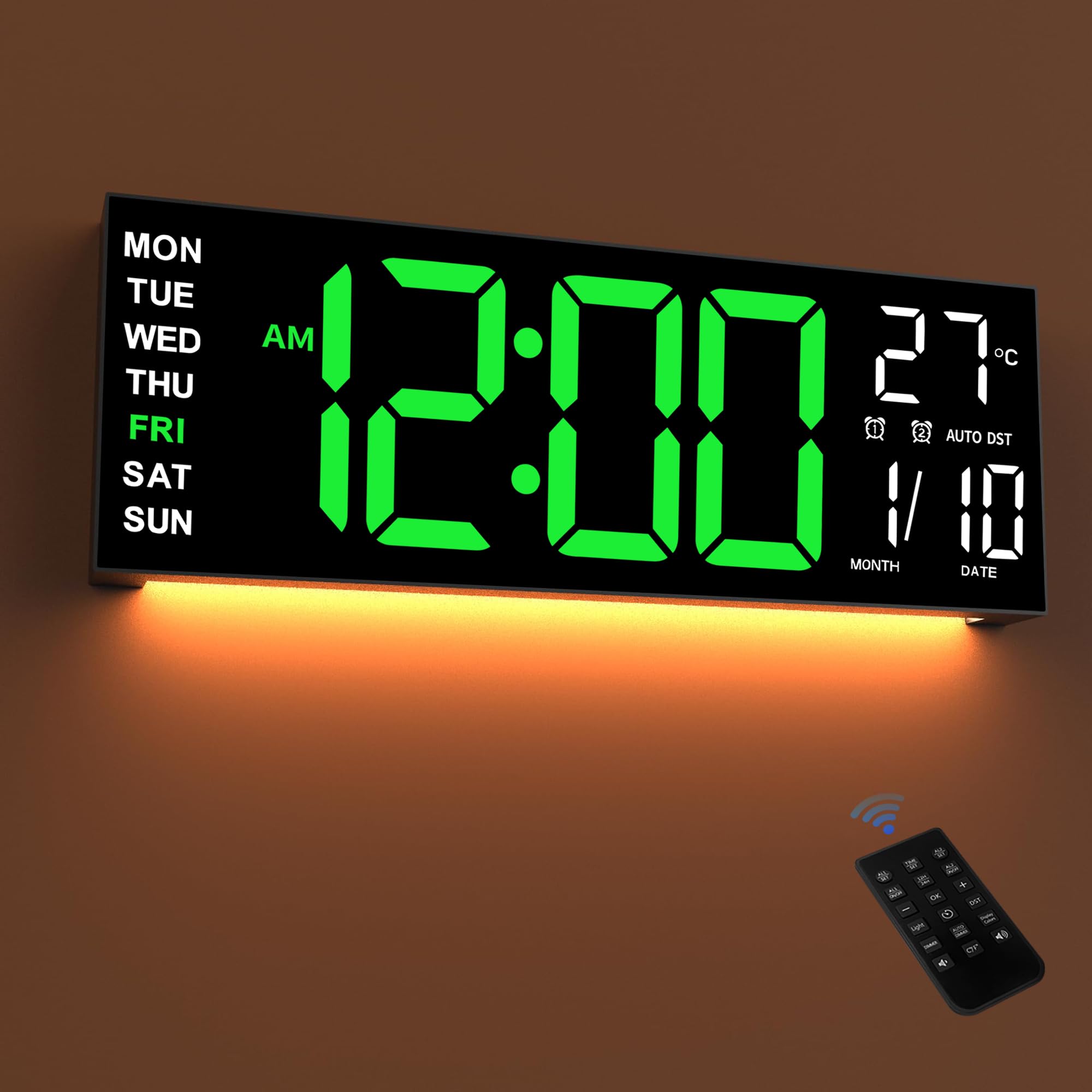 Mee 2ou Reloj Digital Pared Grande 16.5" con Luz Nocturna, Auto Dimming, 2 Alarmas, 8 Colores RGB, Temperatura, Control Remoto, 12/24H, para Escritorio y Pared