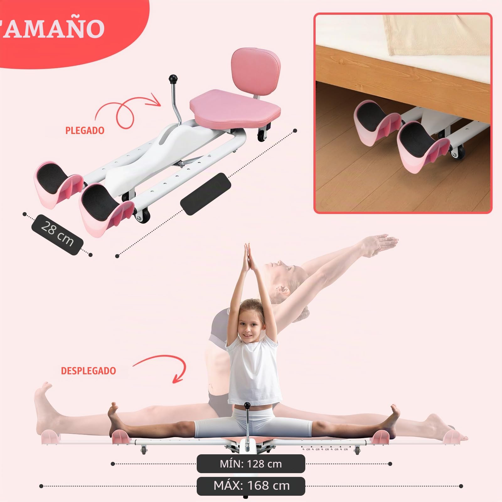 Máquina de Estiramiento, Barra Separadora de Piernas, Maquina Estirar Piernas, 128-168 cm Ajustable, 0-180° Estiramiento Extensión Equipo para Fitness, Danza, Yoga