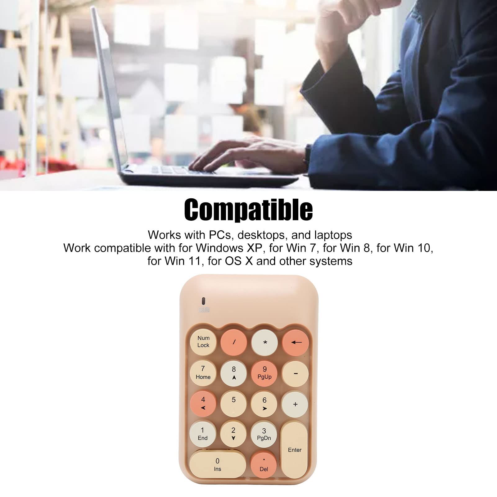 Bewinner Cordless Numeric Keypad, 18 Keys Retro Mini Number Keyboard with USB Receiver for Laptop, Office Girls and Family (Milk Tea Color Mixed Color)