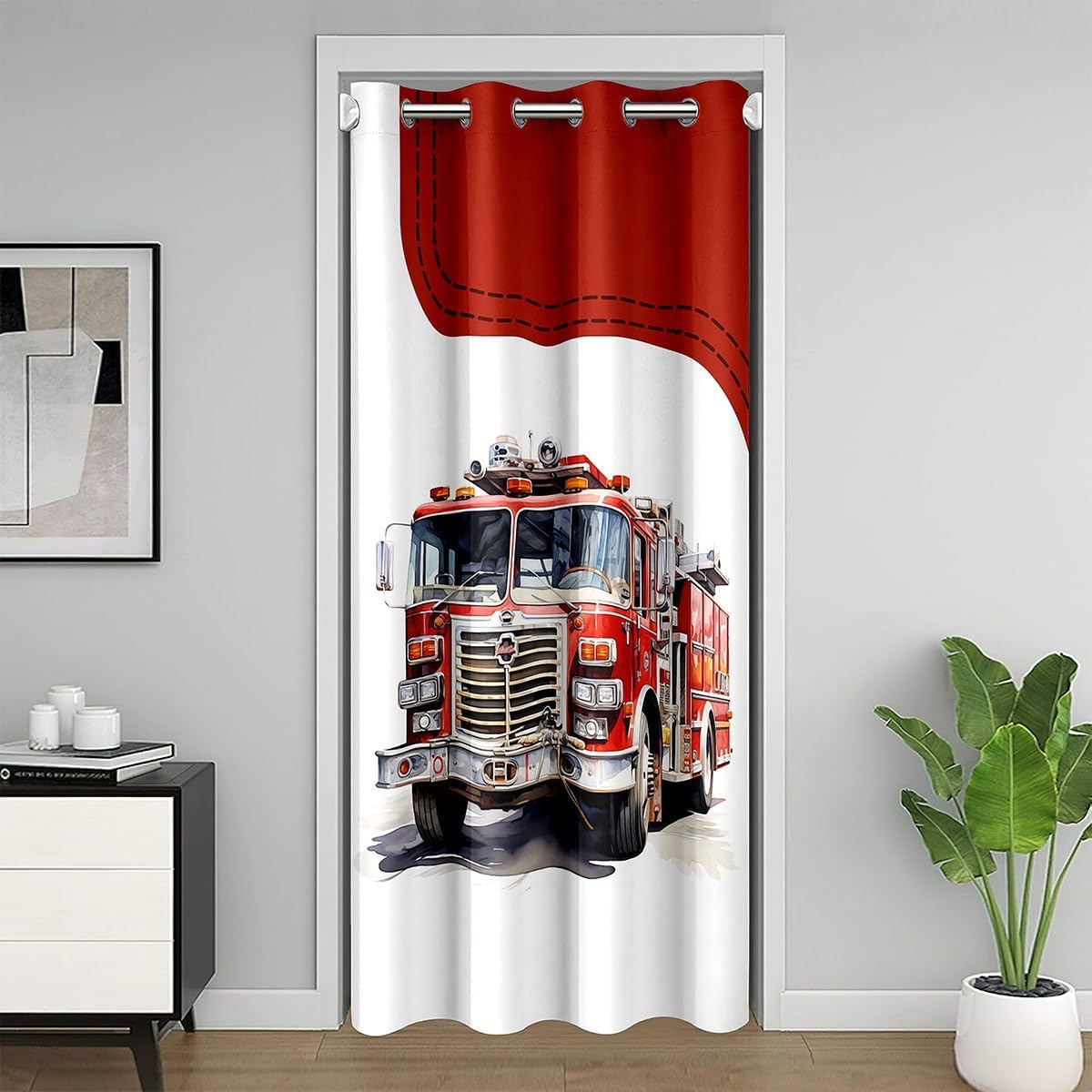 3D Fire Truck Doorway Curtain 60" W X 80" L Fire Fighting Equipment Silhouette Door Curtain Privacy for Kids Teens Adults Red Grid Watercolor Fire Engine Curtain Drape for Bedroom Door Window
