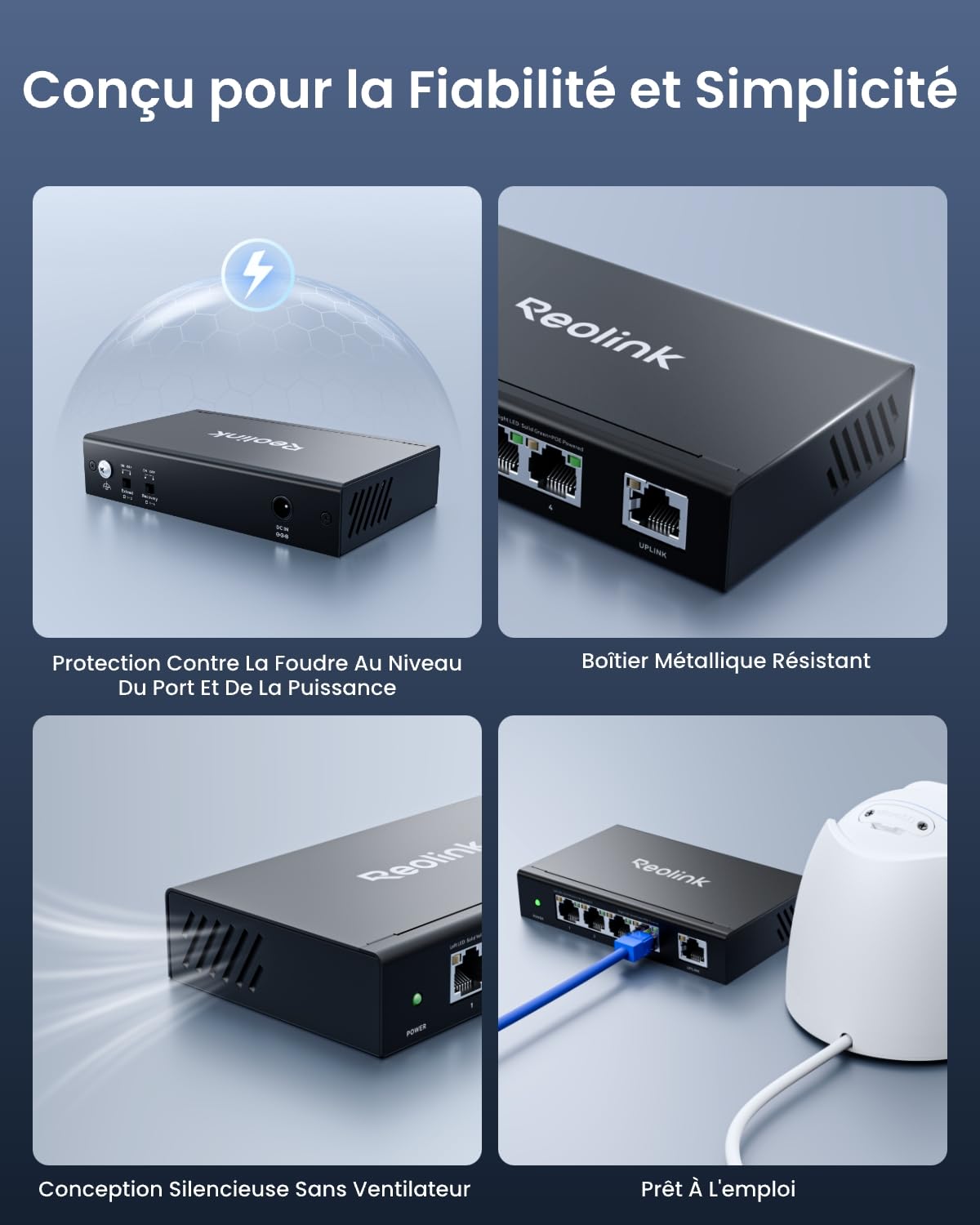 Reolink PoE Switch 4+1 Ports Gigabit, jusqu'à 30 W par Port, Adaptateur 65 W pour la Maison et l'entreprise, Alimentation IEEE-802.3af/at PoE+, Mode récupération et Extension, RLA-PS1E