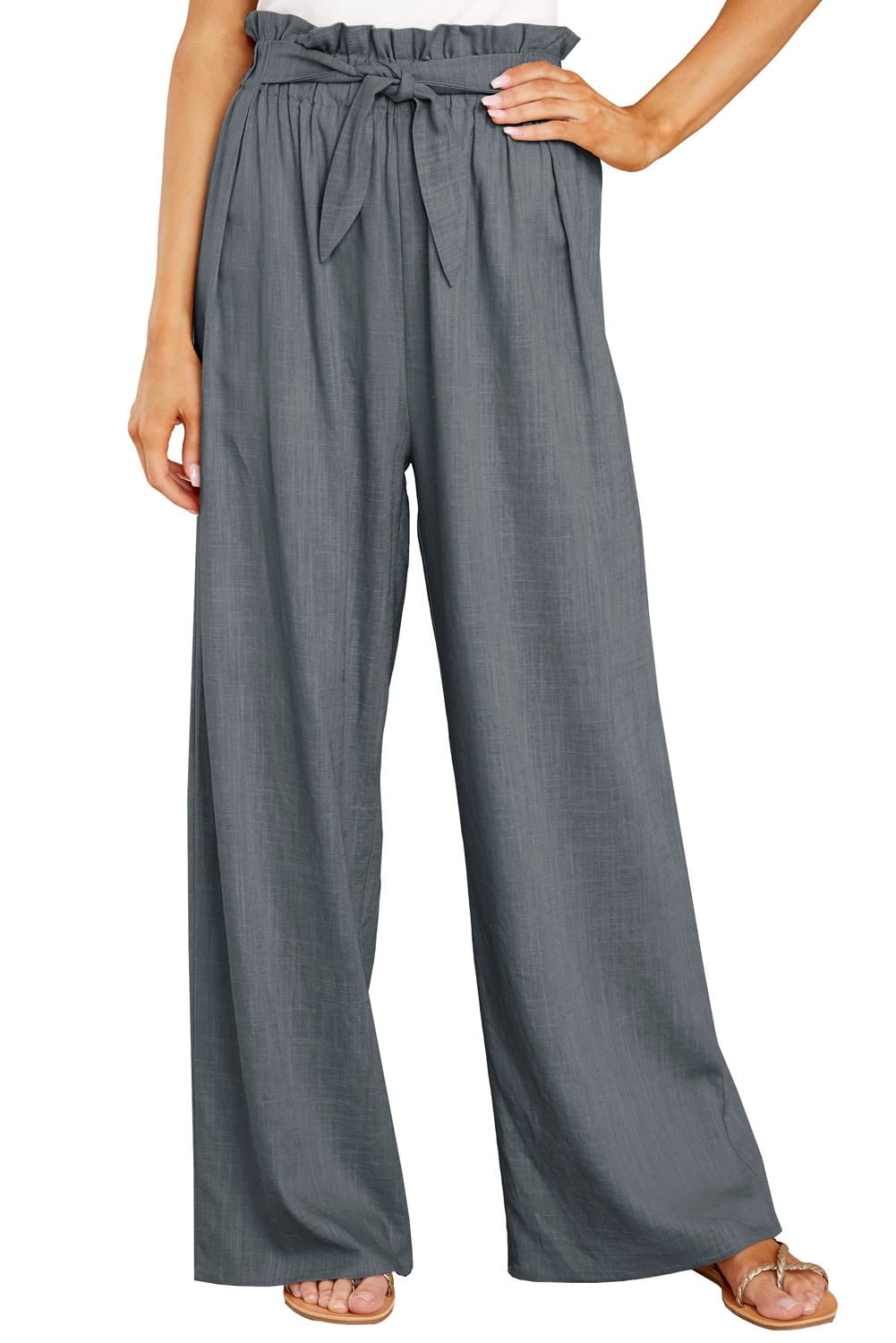 CHARTOU Womens Elastic High Waist Loose Fit Wide Leg Cotton Linen Lightweight Beach Palazzo Pants