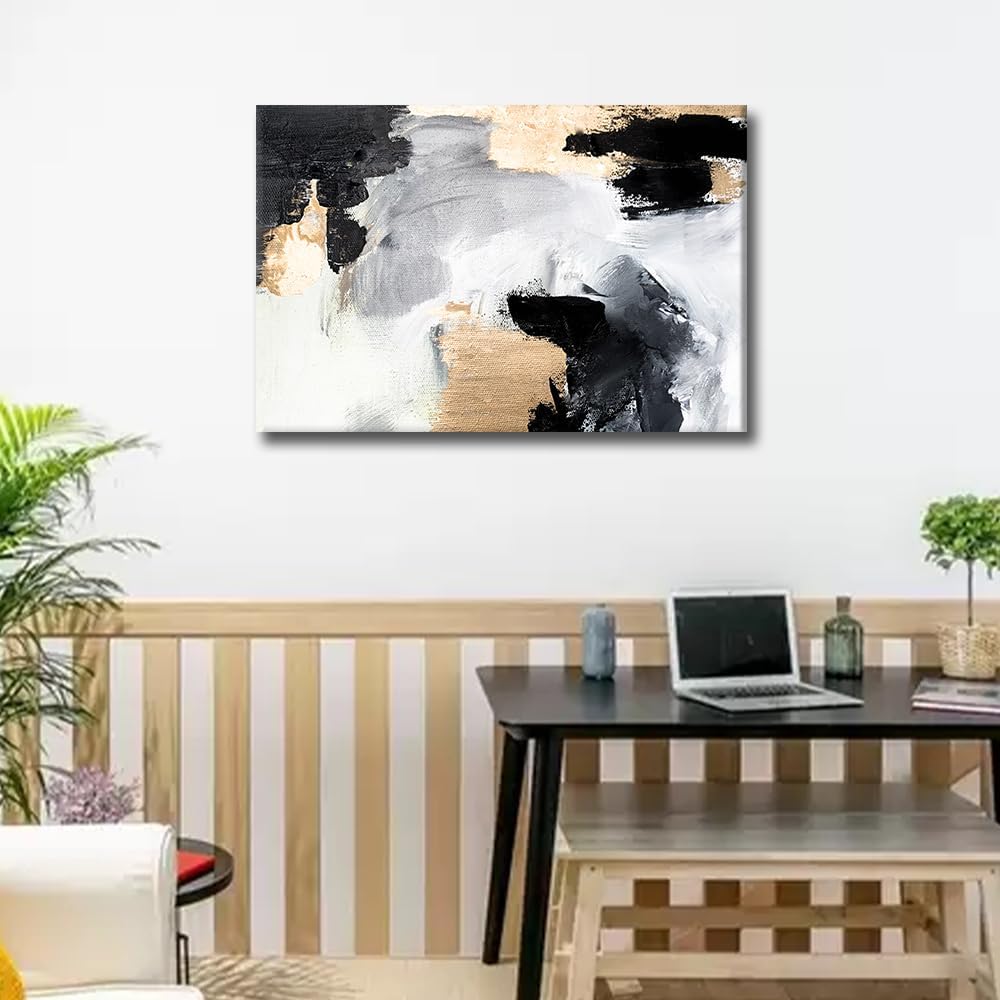 JUYIOPAX Cuadro nórdico para dormitorio, pintura abstracta en lienzo con textura, negro y dorado, gran cuadro para sala de estar, decoración del hogar (65x130cm/sin marco).