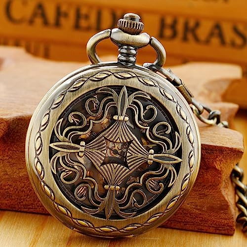 Image of Bronze Retro Mechanical Pocket Watch Skeleton Roman Numerals Hollow Mechanical Pocket Watches with Box
