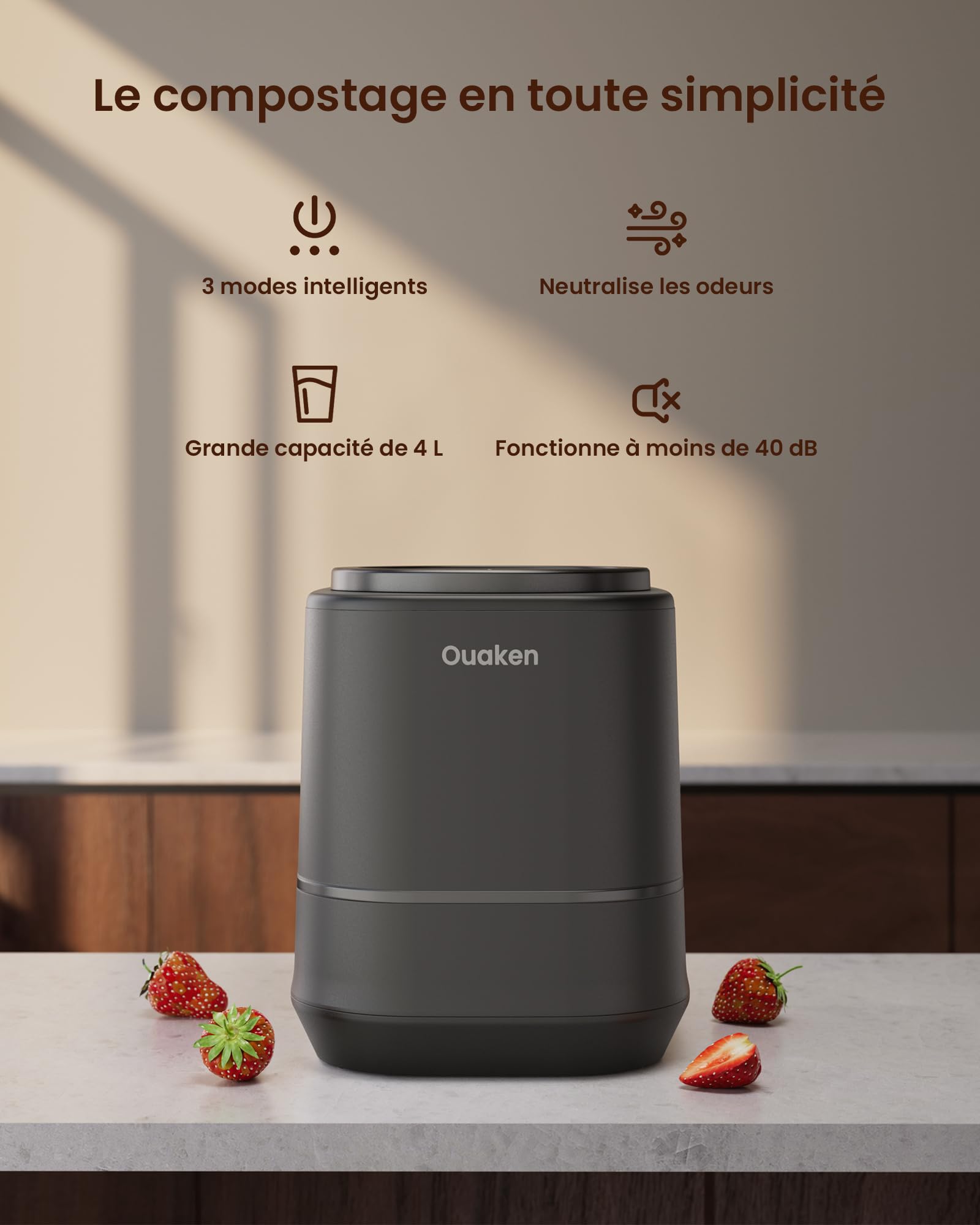 Composteur Électrique de Cuisine 4L, Composteur Intelligent de Comptoir, sans Odeur & Silencieux, Auto-nettoyant – Transforme Les Déchets Alimentaires en Engrais, Composteur d’Intérieur, Noir