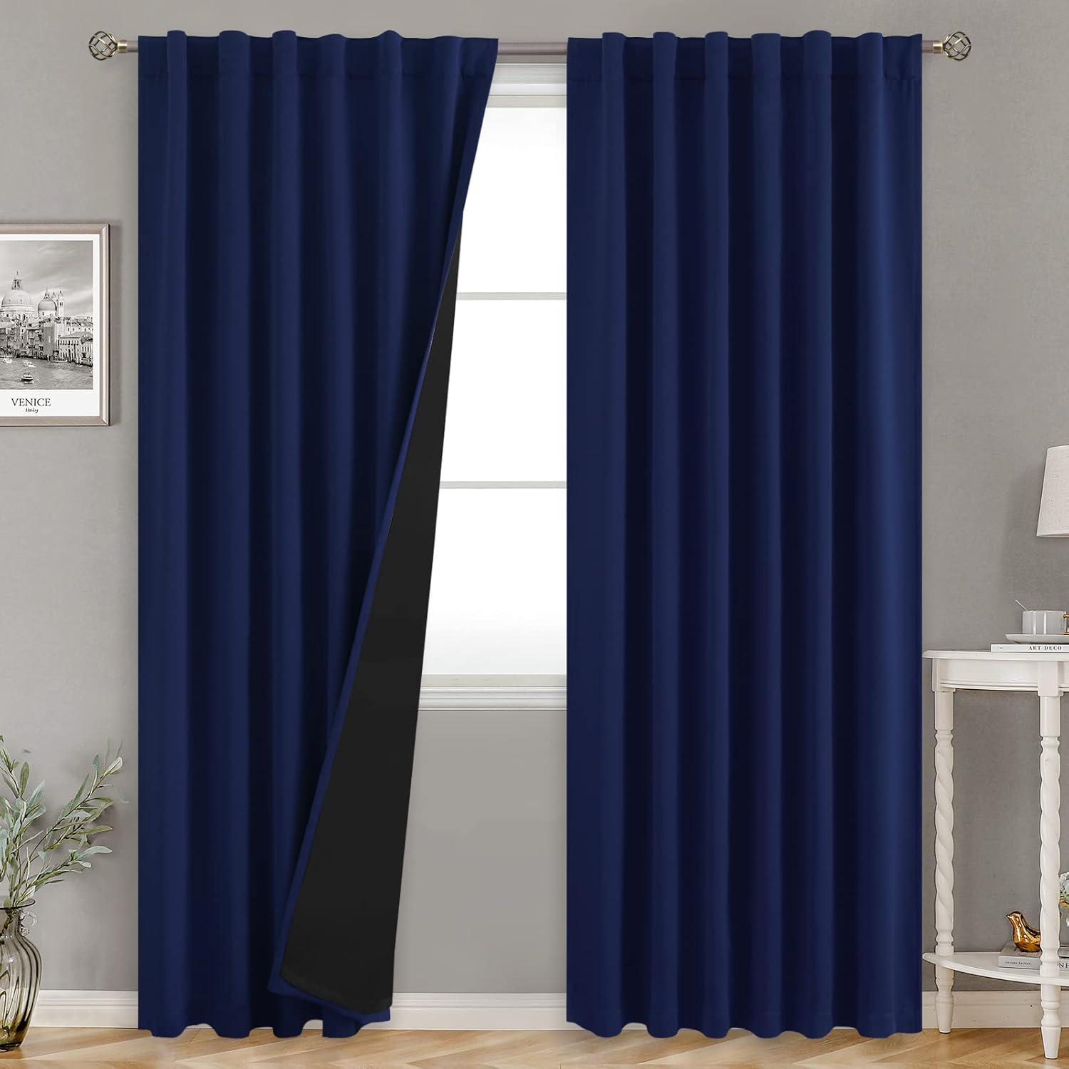 BGment 100% Blackout 80 Inch Curtains with Thermal Insulation Liner, Rod Pocket and Back Tab Double Layer Room Darkening Window Treatment Curtain for Living Room (52 x 80 Inch, 2 Panels, Navy Blue)