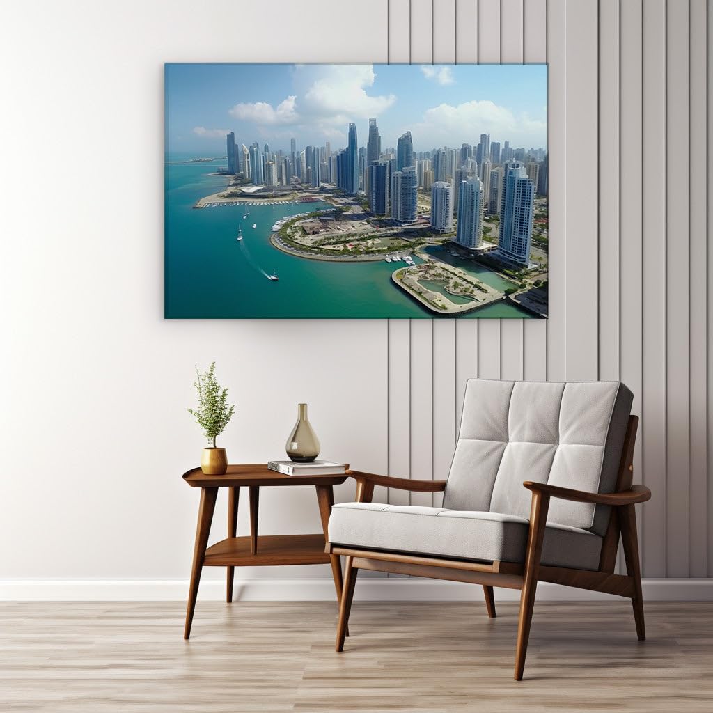 Canvas for Living room. Panama City From Above - Seafront Sophistication Meets Urban Vibrance, 27 x 18 inch Canvas Wall Art - Ready to Hang