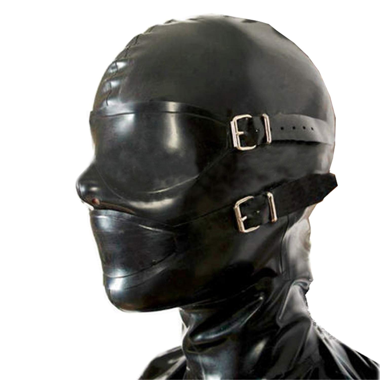 SecondSkin Black Latex Hood Mask with Removable Blindfold and Mouth Piece Gag Nose Nasal Tube Back Zipper Open Eyes Mouth Nose (with inner red nose tubes, Large, with black gag)