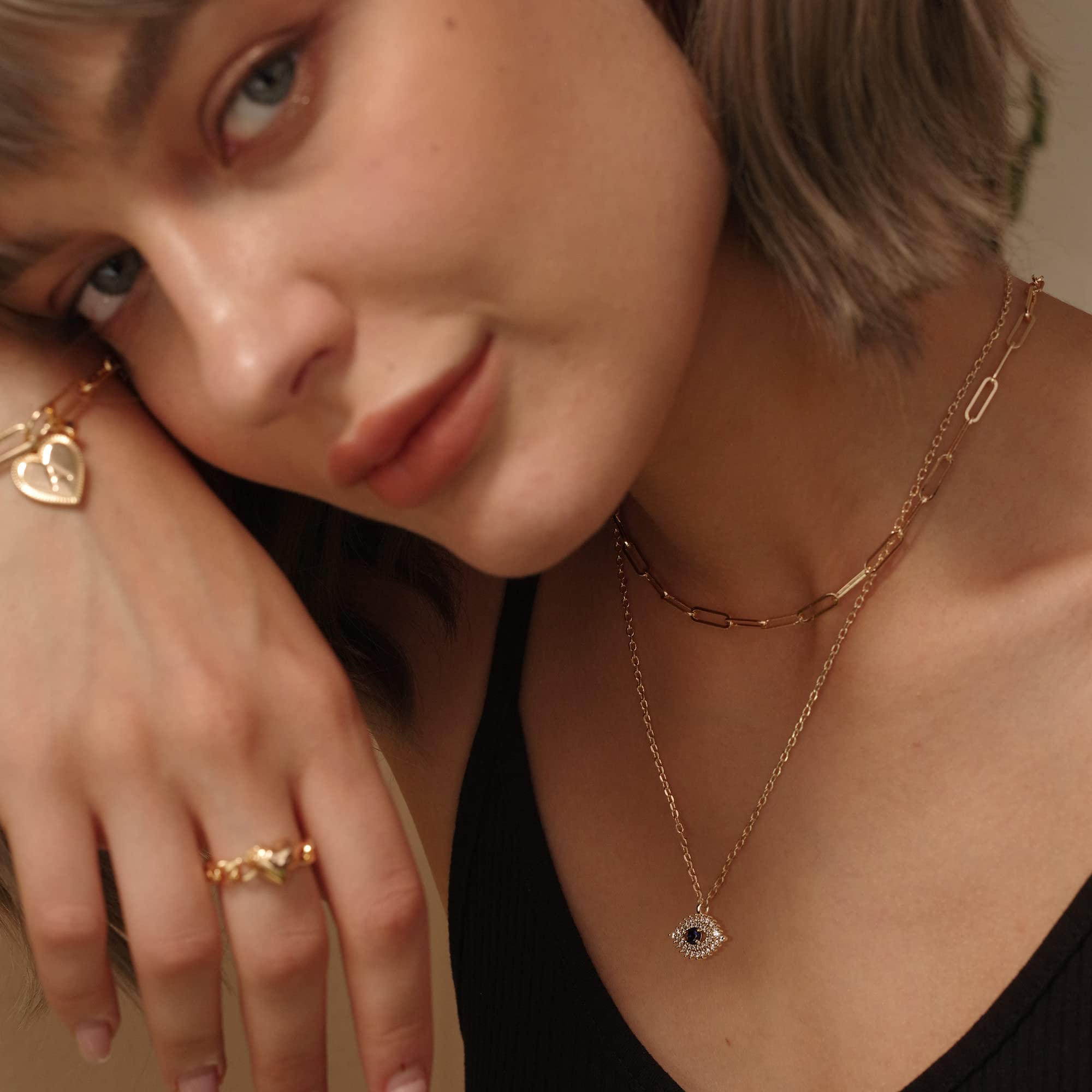 MEVECCO Layered  Necklace Pendant Handmade 18k Gold Plated Dainty Gold Choker Arrow Bar Layering Long Necklace for Women: Layer Blue Eyes