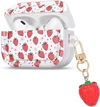 CameCosy Cute Case for Airpods Pro 2nd/1st Generation with Lovely Keychain, Unique Strawberry Flowers Design for Women Girls Shockproof TPU Protective Cover for AirPod Pro 2023/2022/2019