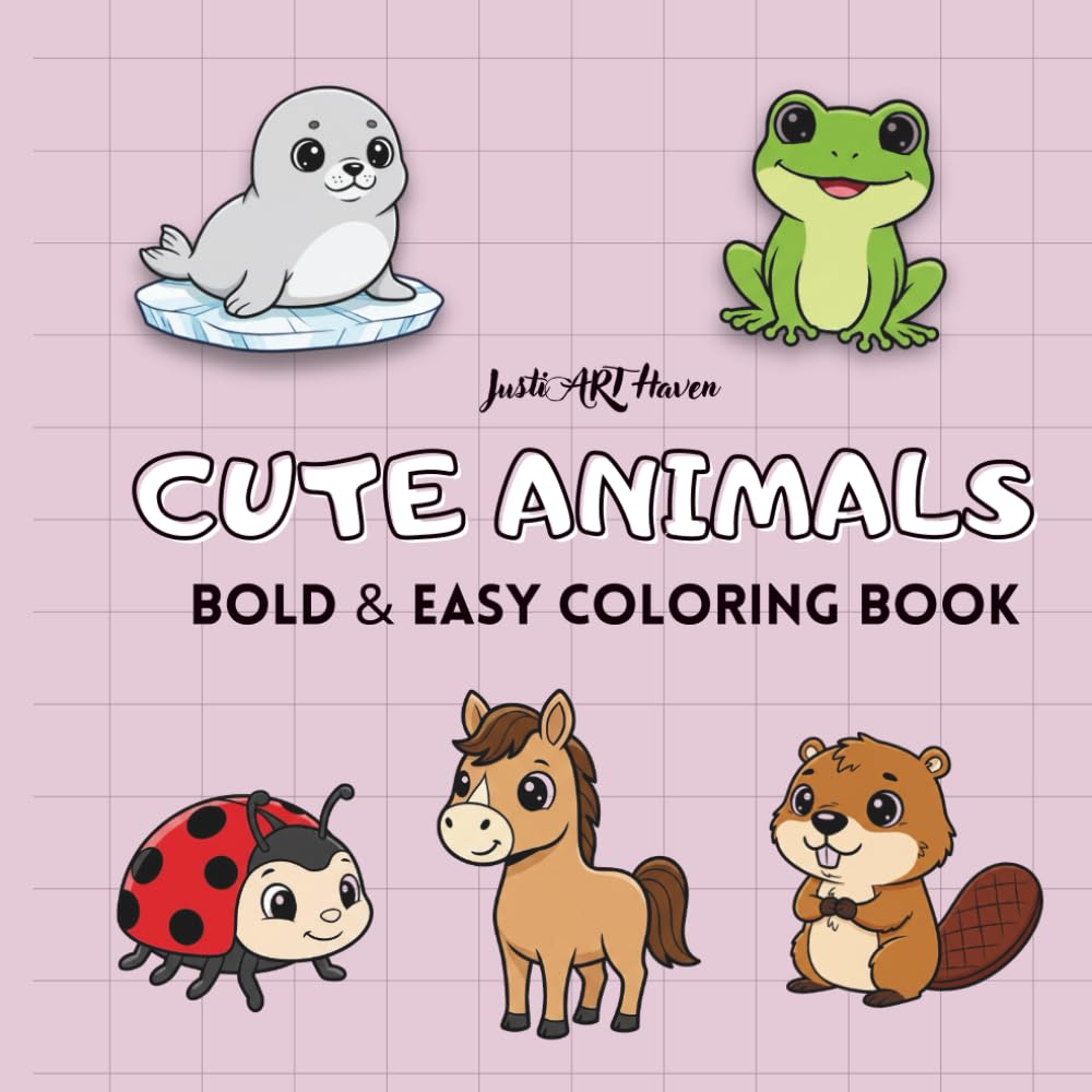 Cute Animals: Bold and Easy Coloring Book for Adults: Easy Animal Designs with Bold Lines for Stress Relief