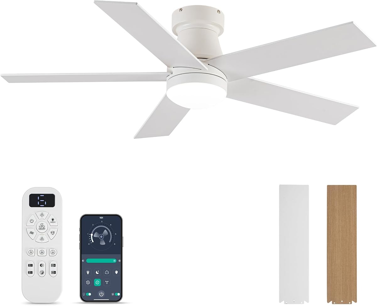 Ceiling Fans with Lights and Remote Control, White Low Profile Ceiling Fan with Light 3-Color LED Dimmable, Memory for Lighting and Fan Reversible, 6-Speed, Timer, Indoor/Outdoor Use, 47 Inch