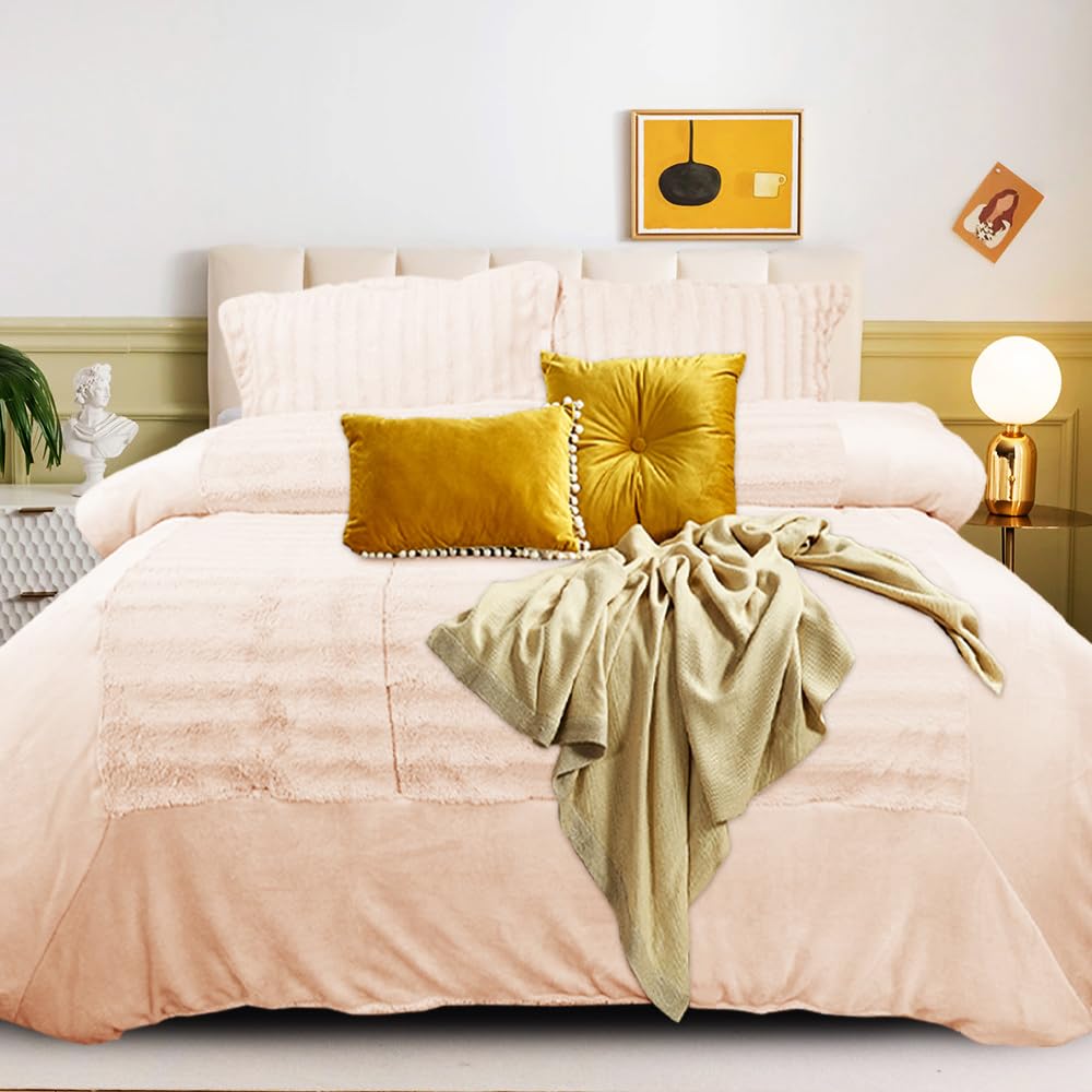 B&B Bedspread Double Bed Throw Luxury Warm Plush Fluffy Quilt Bed Blanket Bed Throws Bedspread Set 3 Pieces with 2 Soft Pillow Shams Complete Bedding Set For All Season Use - Ecru