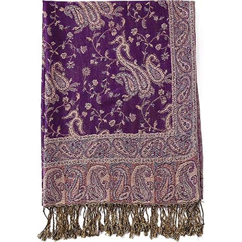 Paisley Flowers Borders Pattern Pashmina Silk Scarf Shawl Wrap Blanket Reversible Comfortable With Fringes (15-Purple) Cover
