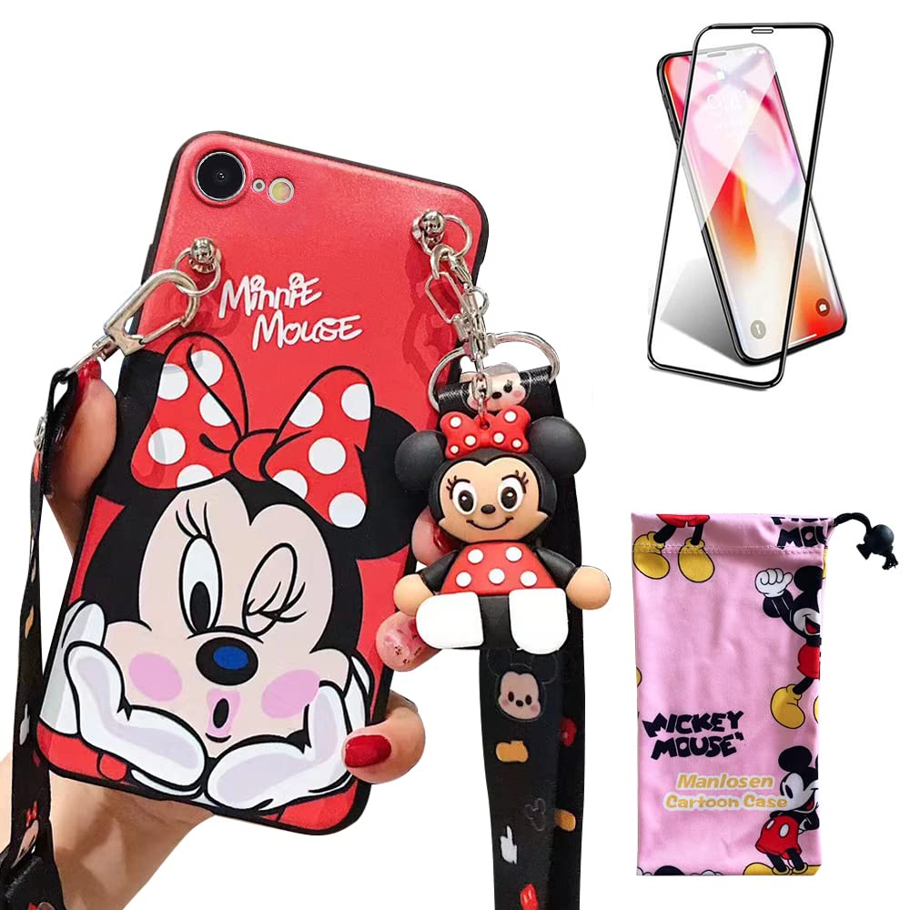 Compatible with iPhone 7 Case/iPhone 8 Case/SE 2020 Case with HD Screen Protector, Cute Cartoon 3D Animal Character Mickey Silicone Lanyard Protective Cover Case for Kids Girls