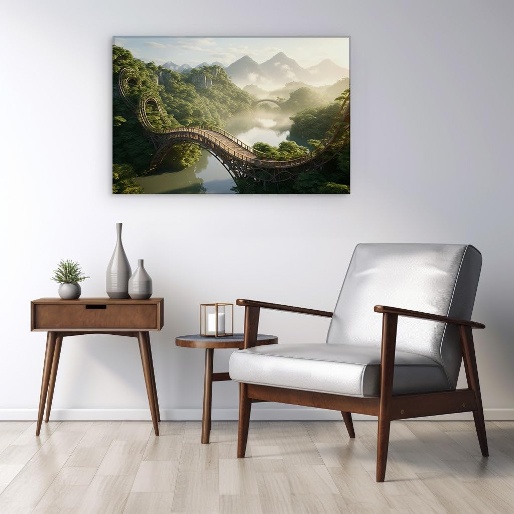 Canvas for Living room. Mystical Bridges of Imagination: Journey Through the Serenity of a Fantasy Landscape, 27 x 18 inch Canvas Wall Art - Contemporary Masterpieces - Modern Home Decor