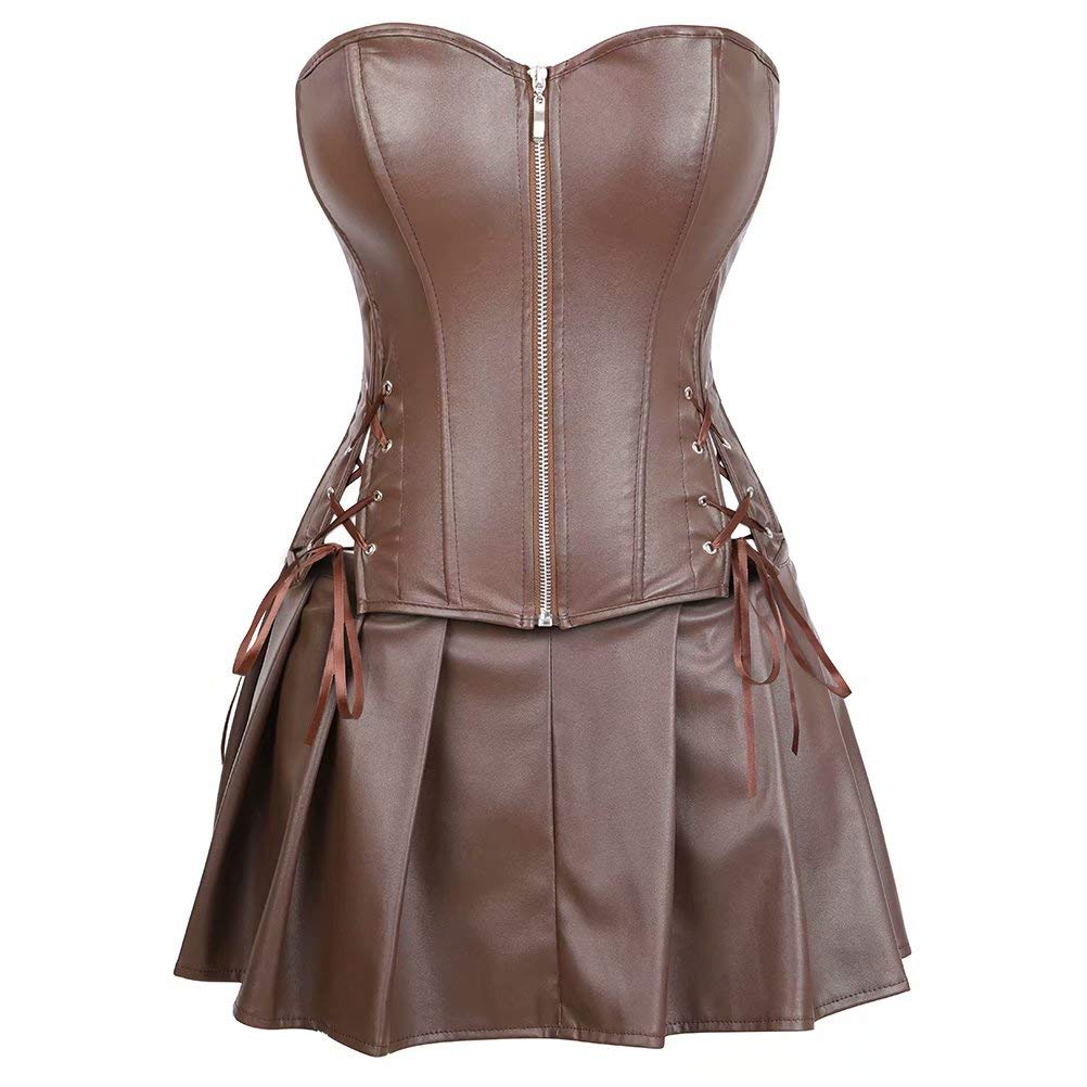 Josamogre Leather Corset Dress Bustiers Skirt Sexy Burlesque Zip Steampunk Overbust Plus Size Brown S