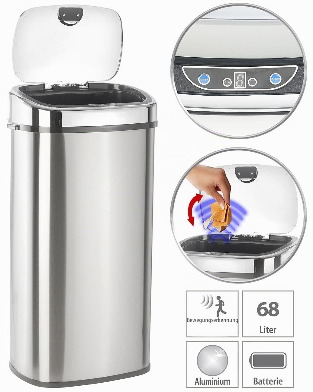 infactory Elektrischer Mülleimer: Abfalleimer mit Hand-Bewegungssensor & Aluminium-Korpus, 68 Liter (Elektrischer Abfalleimer, Elektro Mülleimer, Müll)