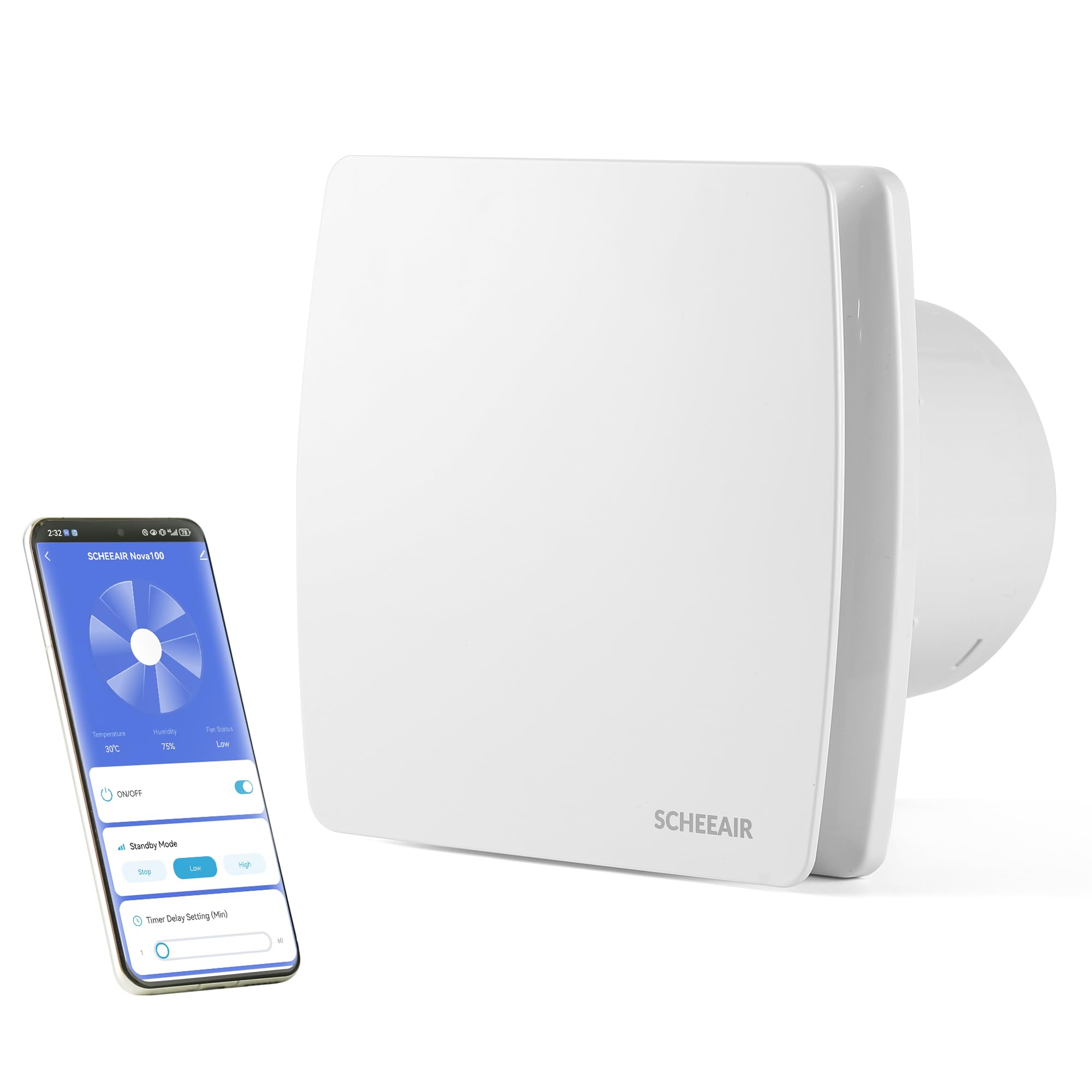 Nova100 100mm Smart WiFi Badlüfter mit Luftfeuchtigkeitssensor zur Wandmontage, Deckenmontage, Abluftventilator für Bad, Dusche, Wandventilator weiß