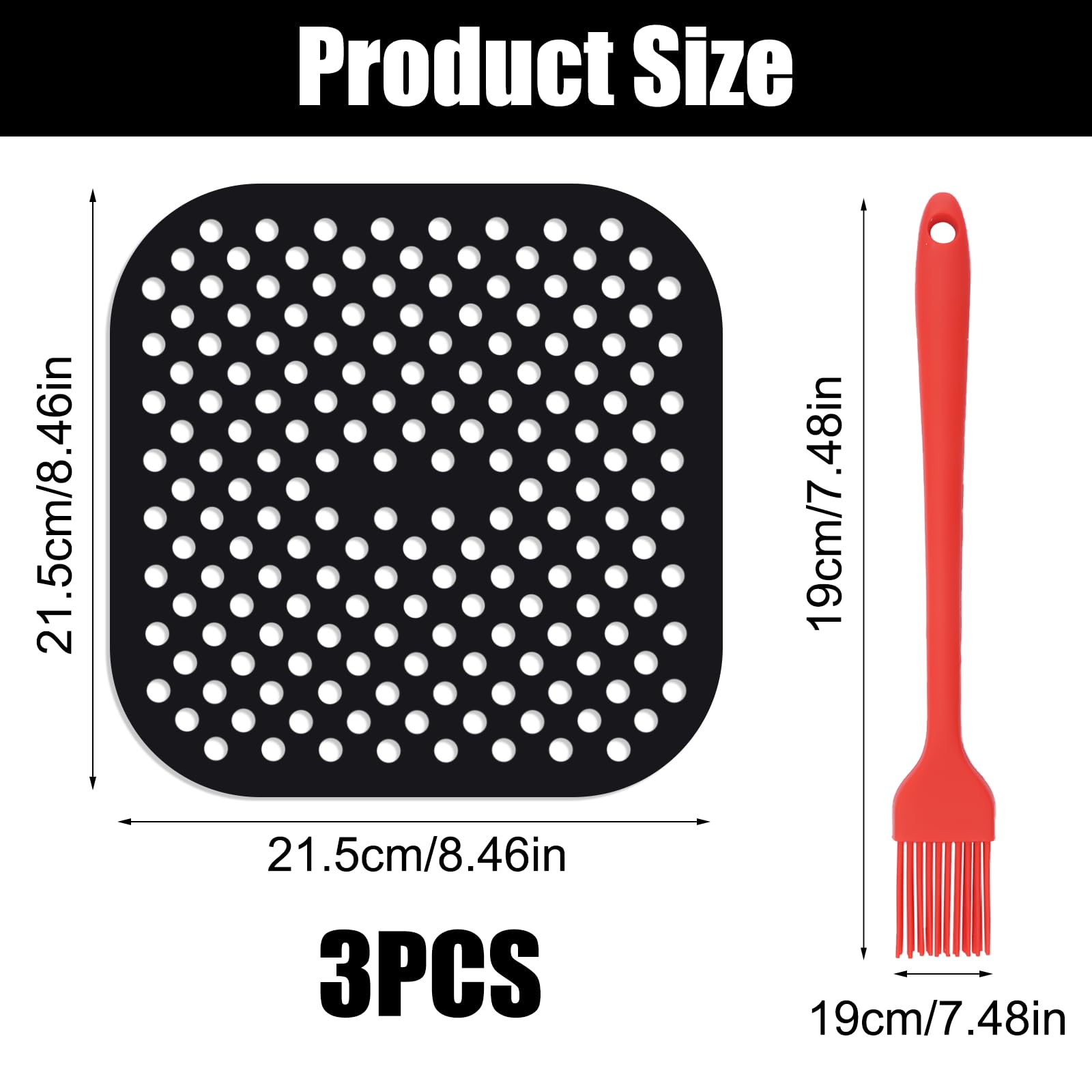 3 Stück Luftfritteuse Pad Antihaft-Silikon Heißluftfritteuse Pad 21 Cm Matten für Luftfritteuse Quadrat Wiederverwendbare Luftfritteuse Liner mit Silikonbürsten, Airfryer Einlagen für Luftfritteuse