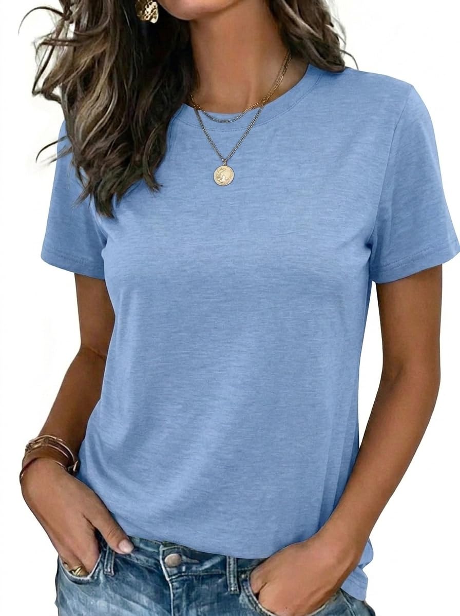 Zeagoo Womens Tops Summer Casual Tee Shirts Business Dressy Spring Fashion Outfits Trendy Clothes Basic Tshirts Light Blue
