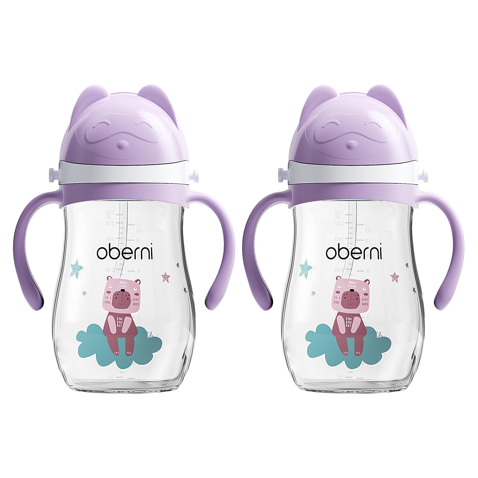 Oberni No Spill Toddler Sippy Cup, Weighted Straw Baby Water Bottle with Handle&Strap for 12 Months +, BPA-Free | Tritan | Leak Proof Valved Spout | 350ml | Purple | Pack of 2