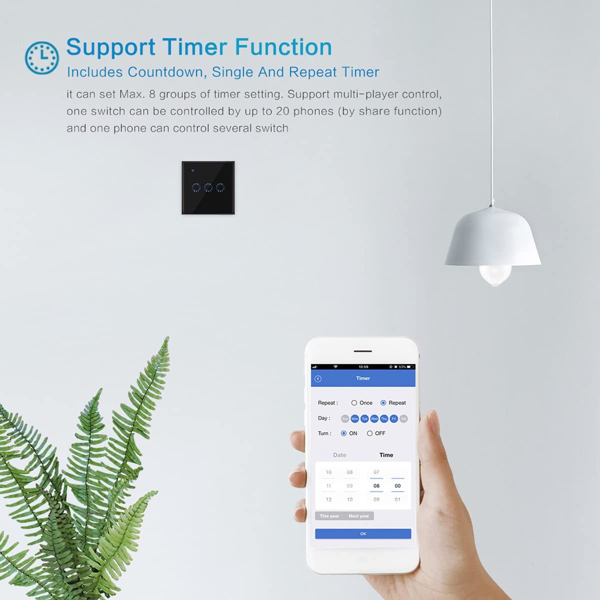 Interruptor de Luz de Pared Inteligente Wifi 10A Panel TáCtil de Vidrio Interuptor InaláMbrico Control Remoto InaláMbrico de 4 Bandas ()