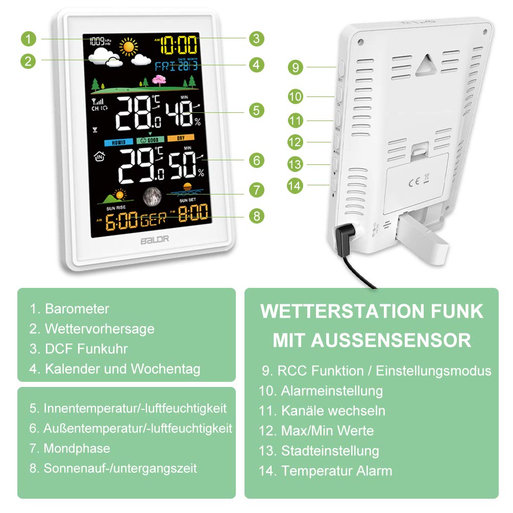 Konsen Draadloos weerstation met buitensensor, DCF-klok, digitale