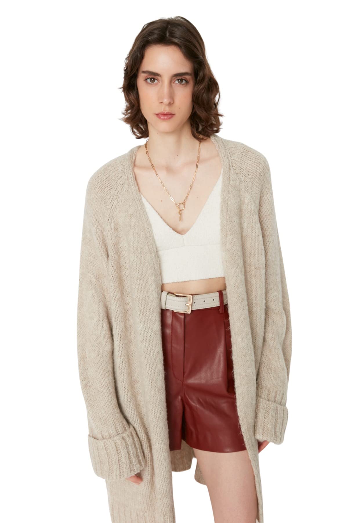 Trendyol Mujer Beige Cárdigan Largo Extra Pequeño