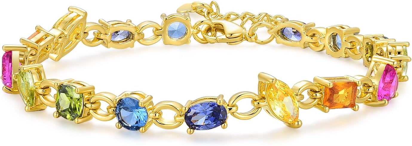Rainbow Prism CZ Tennis Bracelet for Women, Gold-Tone Brass Mixed-Cut Multicolor Stones, Adjustable Link Chain, Dainty Stackable Colorful Gift for Her