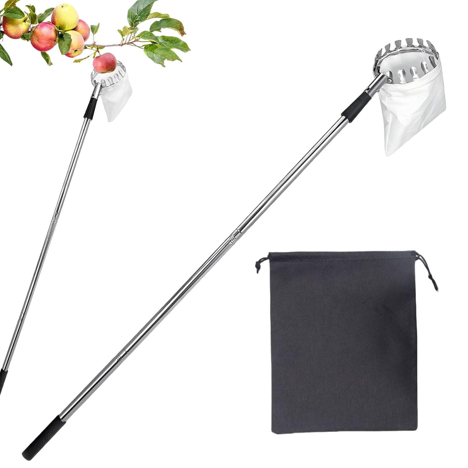 Recogedor de frutas con barra telescópica, recogedor de frutas de altura ajustable con mango telescópico, herramienta anticorrosión de acero inoxidable para aguacate, limón, mango