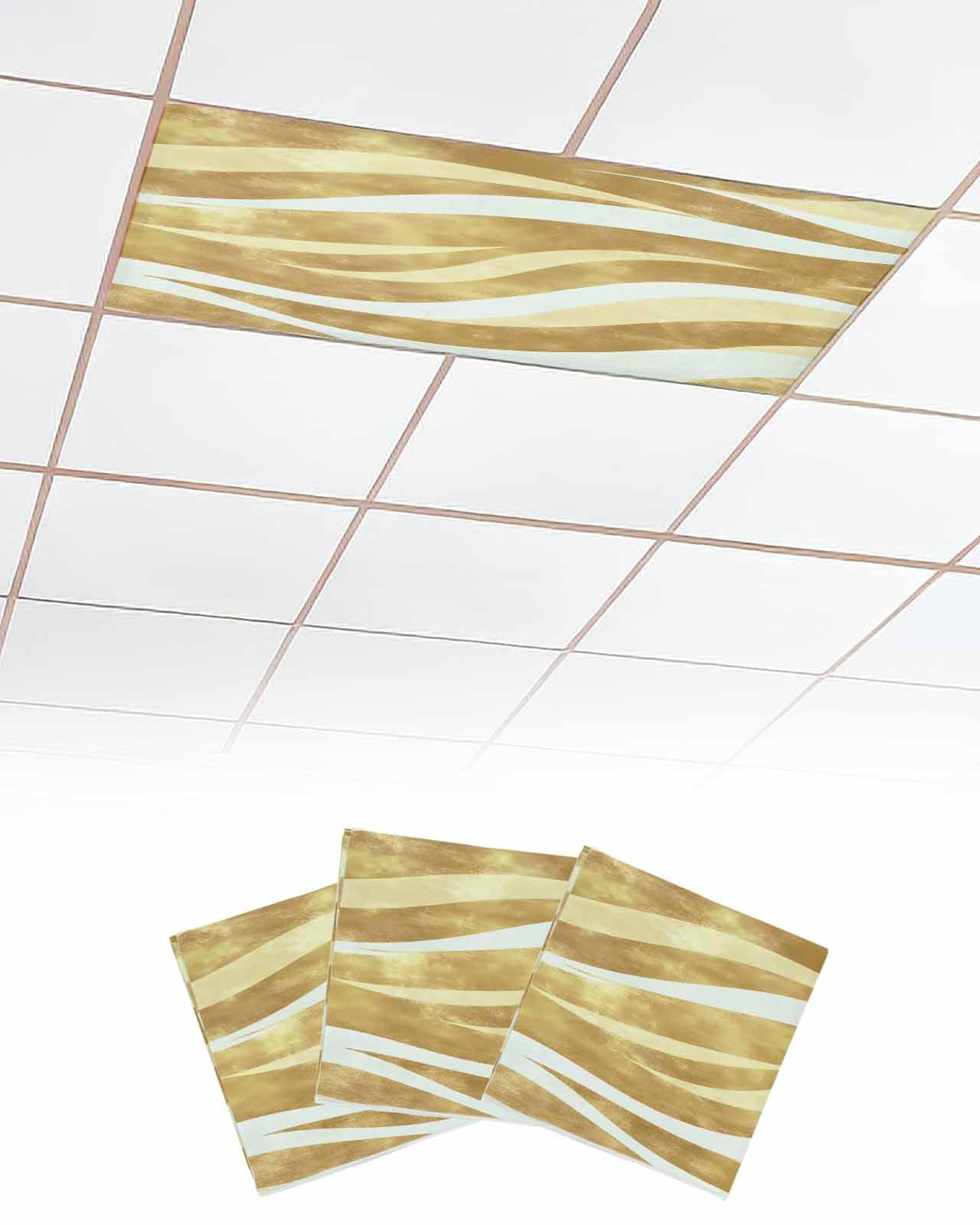 Abstract 3 Pcs Fluorescent Light Covers for Ceiling Lights, Moden Aesthetic Wave Yellow Magnetic Light Filters for Eliminate Harsh Glare Classroom Office Decoration, 4 x 2 Ft