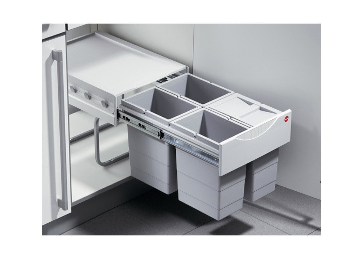 Hailo Abfallsammler 3643141 | 4x 8,5 Liter | Einbau Mülleimer für 40 cm Unterschrank | Mülltrennsystem mit Vollauszug | Raumspar-Tandem | Mülleimersystem Küche | Ein Biomüll Deckel inkl.