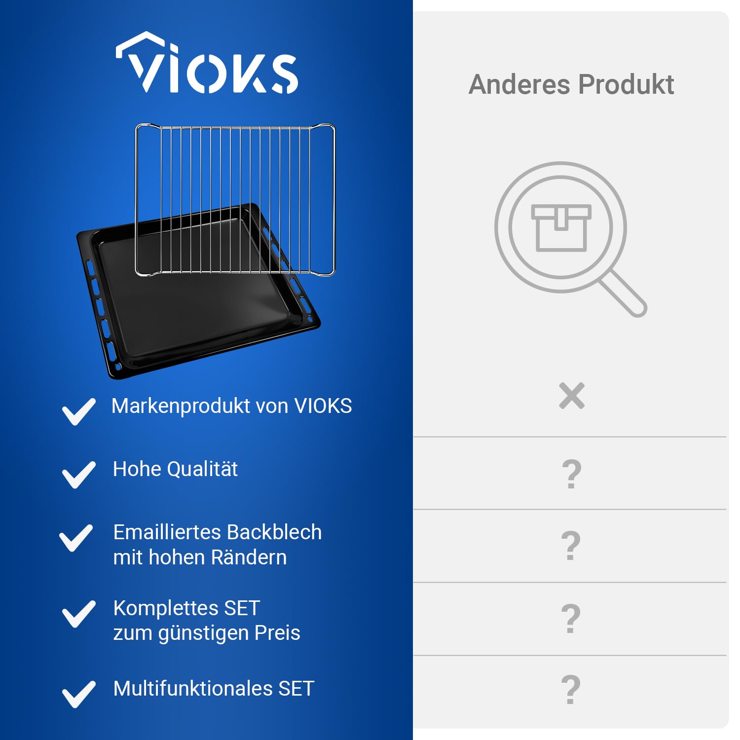 VIOKS Juego de bandeja de horno profunda 445 x 375 x 33 mm, repuesto para Whirlpool 481010539879 y parrilla 481245819334 448 x 338 x 26 mm / bandeja universal con borde alto y rejilla para horno