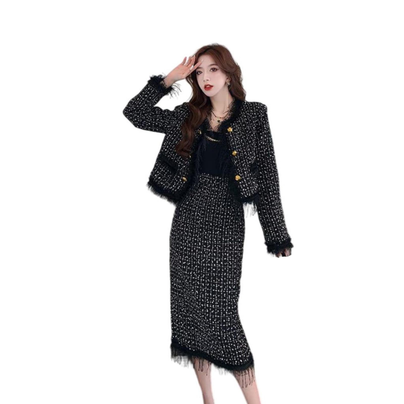 Chaqueta de tweed de dos piezas confección premium con acabados deshilachados 6