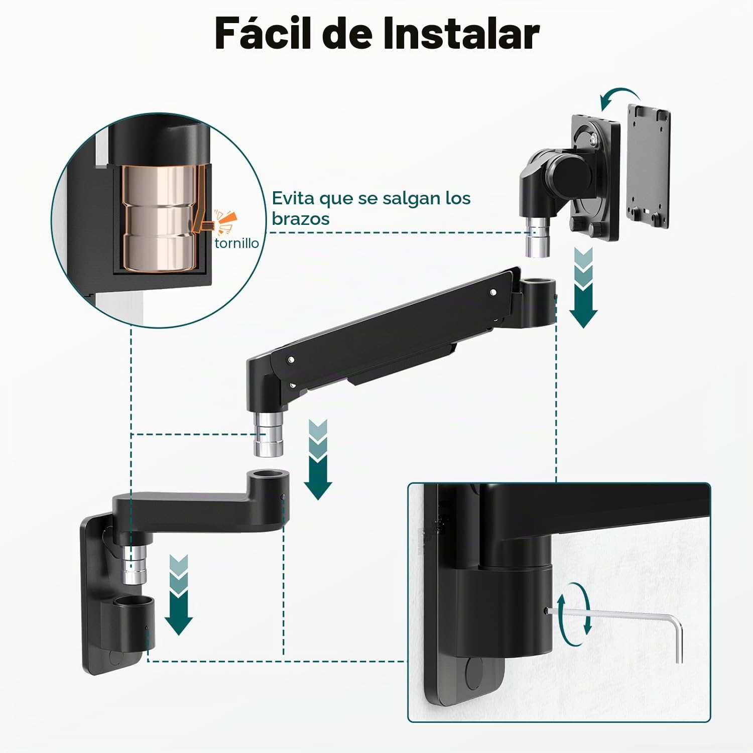 Soporte Monitor Pared para Monitor de 17 a 57 Pulgadas – Brazo con Resorte de Gas en Altura, Inclinable y Giratorio,Load 2-20KG VESA 75/100/200