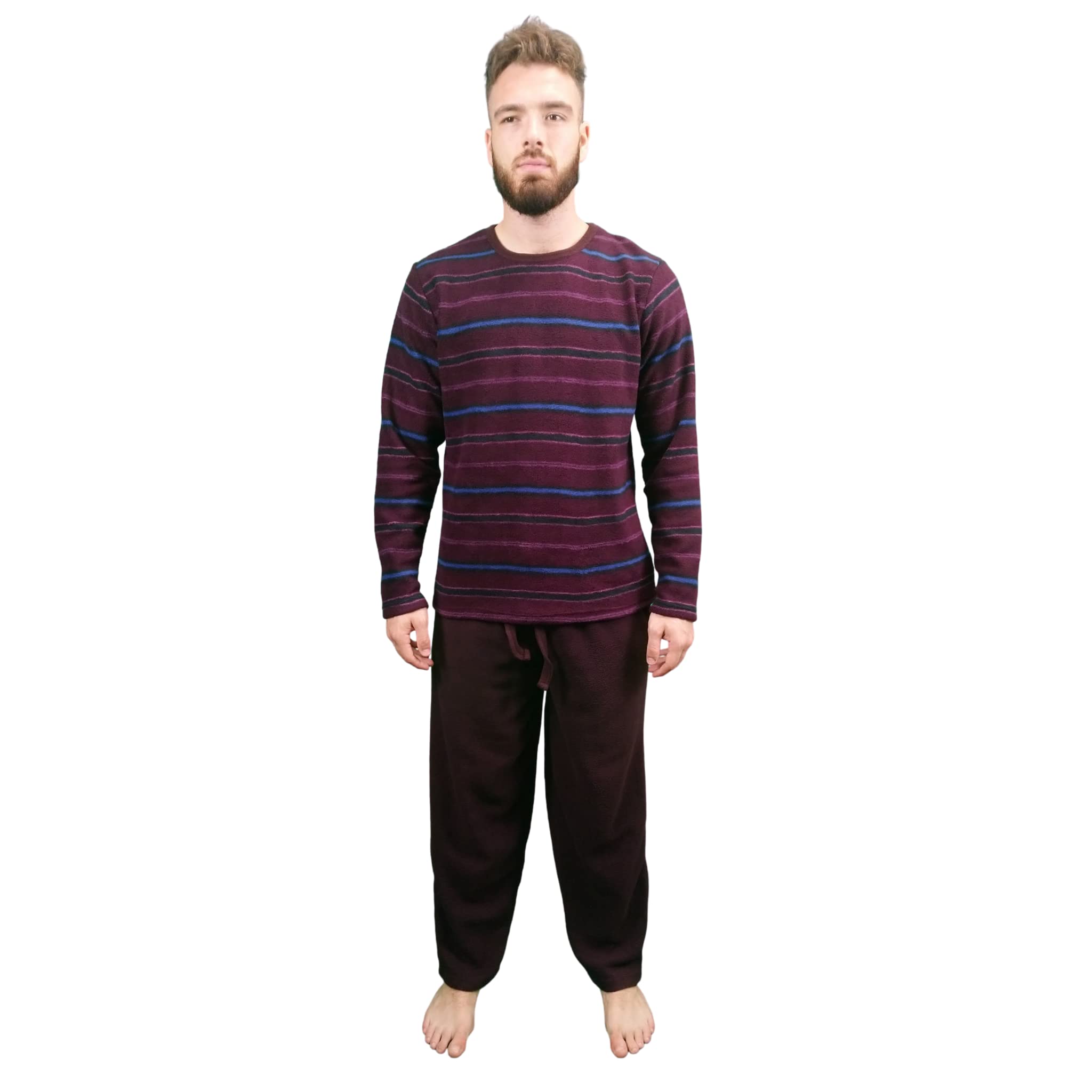 Kruxader Men's Burgundy Stripe Winter Striped Pyjama Set Loungewear Pjs Warm Fleece Pj's (, 3XL)