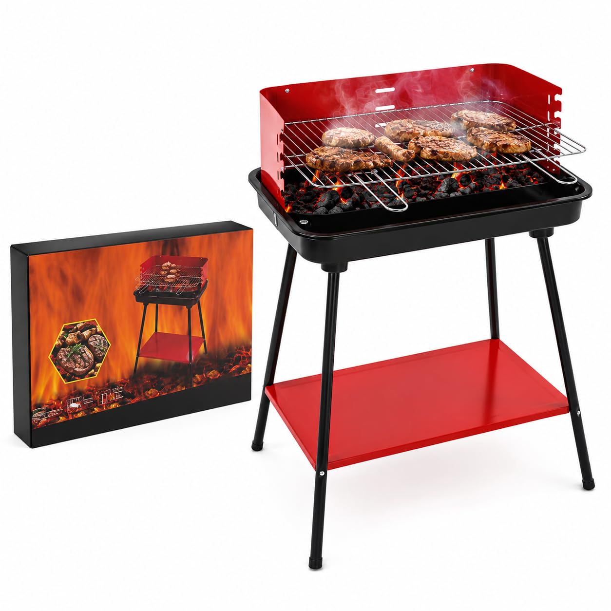 Barbecue Carbonella Rettangolare Stabile 4 Posizioni Cottura Griglia Cromata Rimovibile 53x34,5 cm Acciaio Carbonio
