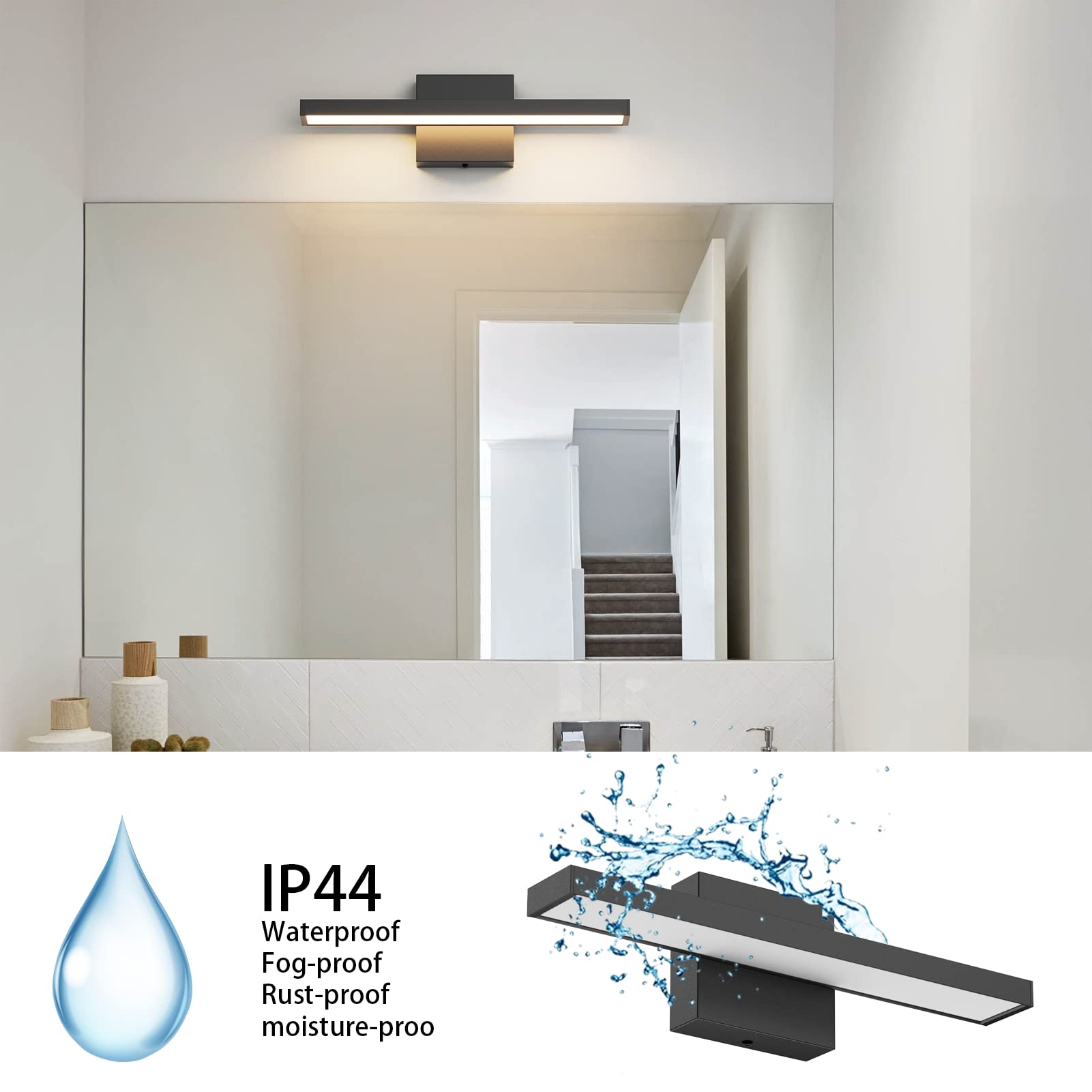 Klighten Lampada a LED per specchio da bagno, 40 cm, 12 W, IP44, lampada da bagno, lampada da bagno, lampada da parete, moderna, 1080 lm, 3000 K, luce bianca calda, 60 LED, 110 V-240 V, nero