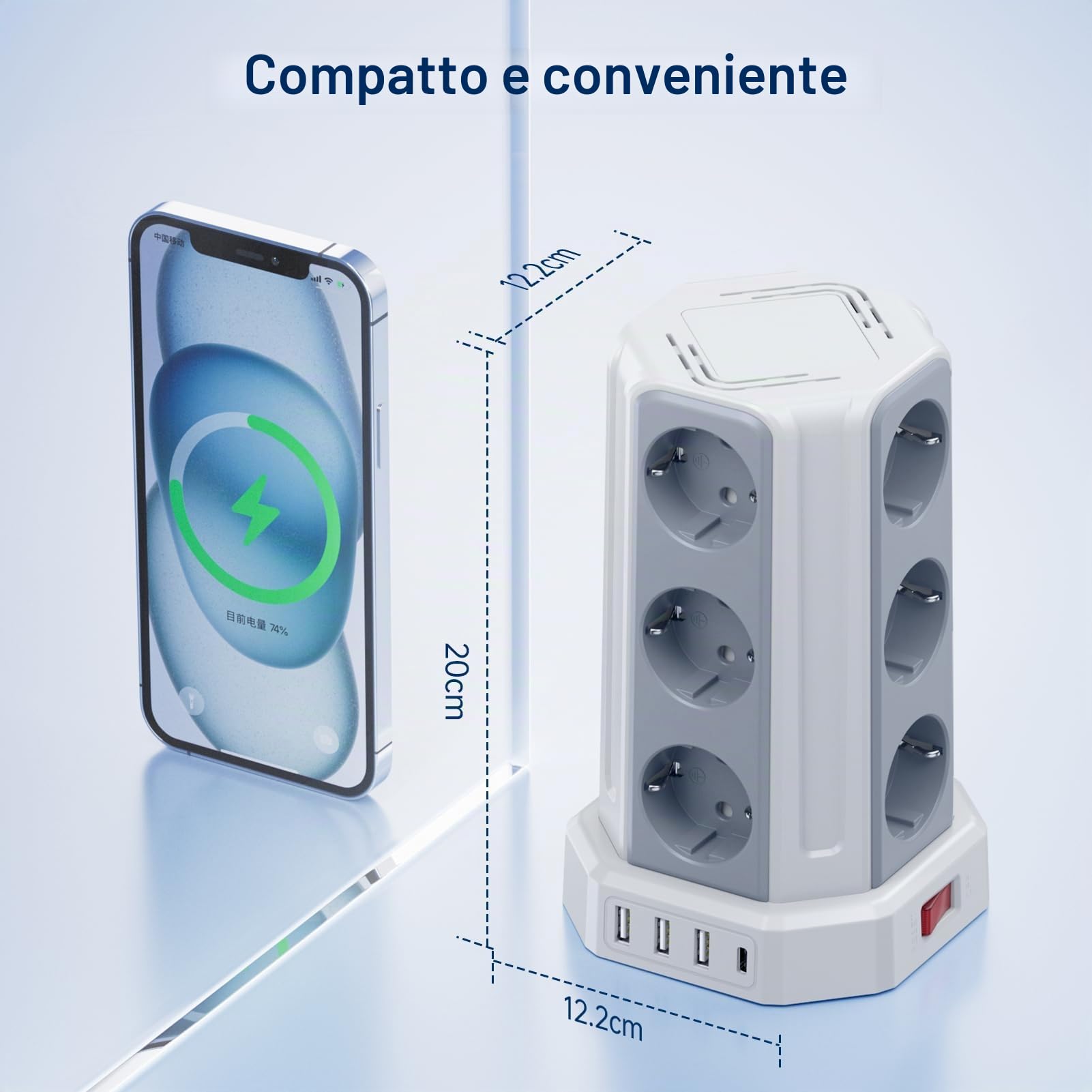Sameriver, Ciabatta multipla con interruttore, 12 prese, con 3 USB A+1 USB C, ciabatta con cavo di prolunga da 5 m, protezione da sovratensione per casa, ufficio F (Schuko)