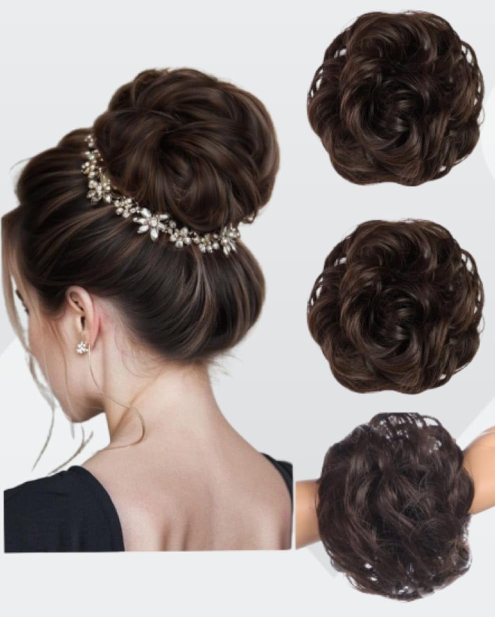 Miss Lirenn® 2PCS 100% Kanekalon Very Soft Hair Messy Bun Hair Piece Messy Hair Bun Scrunchies for Women Wavy Curly Chignon Ponytail Hair Extensions Synthetic Thick Tousled Updo Bun (Brown)