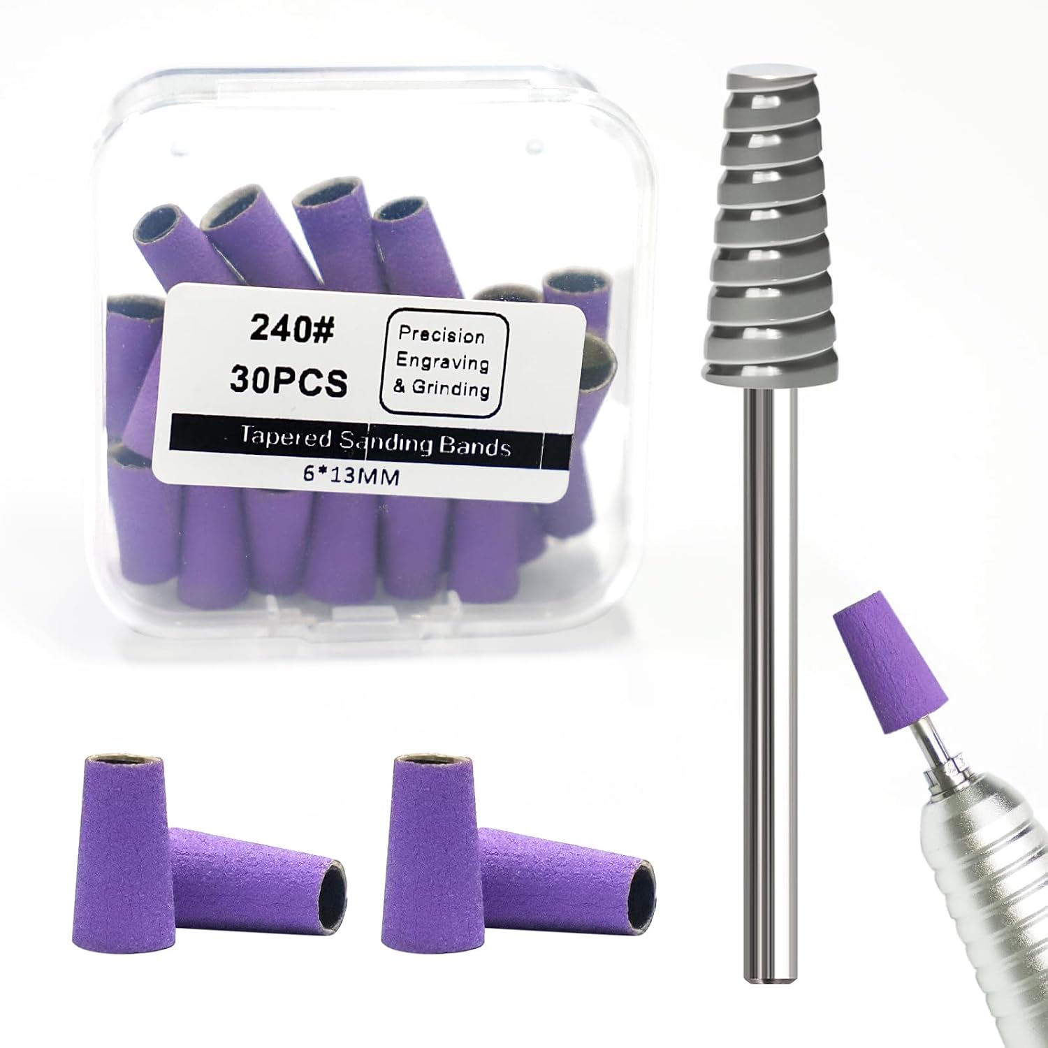 50PCS Tapered Barrel Sanding Bands, 240 Grit Nail Drill Bands for Acrylic Nails, Gel Polish, Ergonomic Precision Shaping, Better Visibility for Nail Prep, Sidewall Refining & Surface Smoothing
