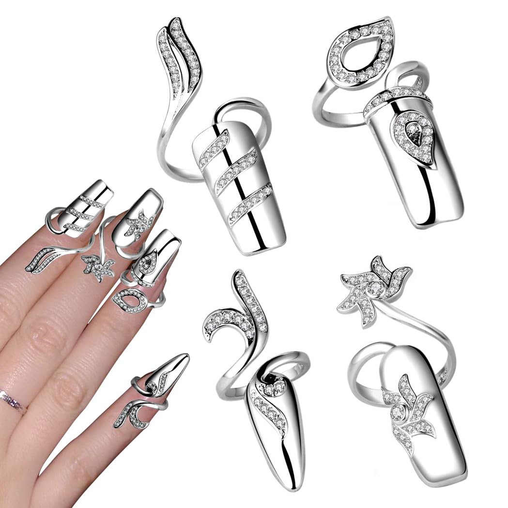 VASANA 4Pcs Silver Rhinestones Womens Finger Nail Rings Metal Fingertip Protective Nail Rings Opening Nail Cover Ring Fingernails Ring Art Charms Accessories